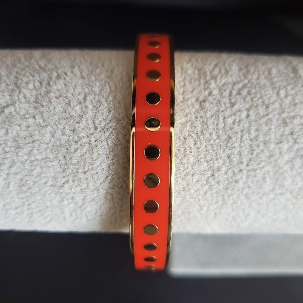 Kate Spade Penny For Your Thoughts Orange Enamel Gold Polka Dot Bangle Bracelet - Picture 5 of 8